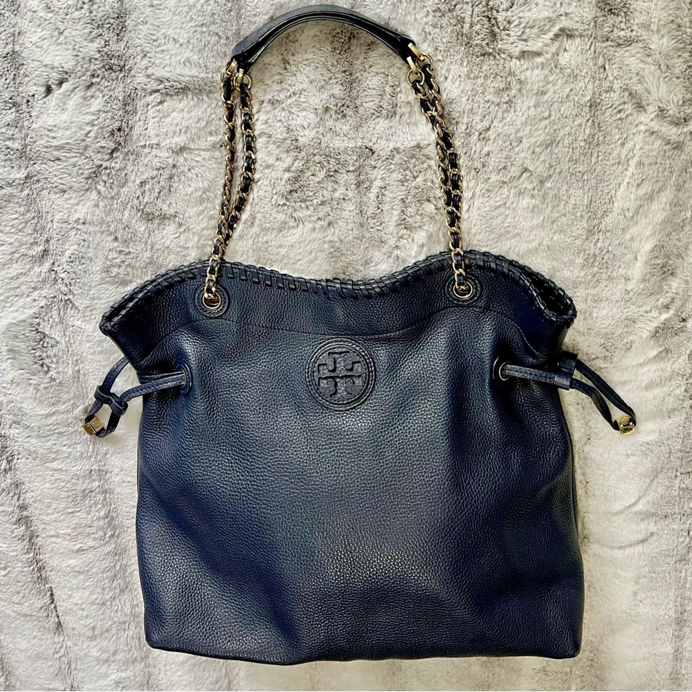 Tory Burch Slouchy Tote Pebbled Leather Navy Gold Chain Classic Luxury Everyday